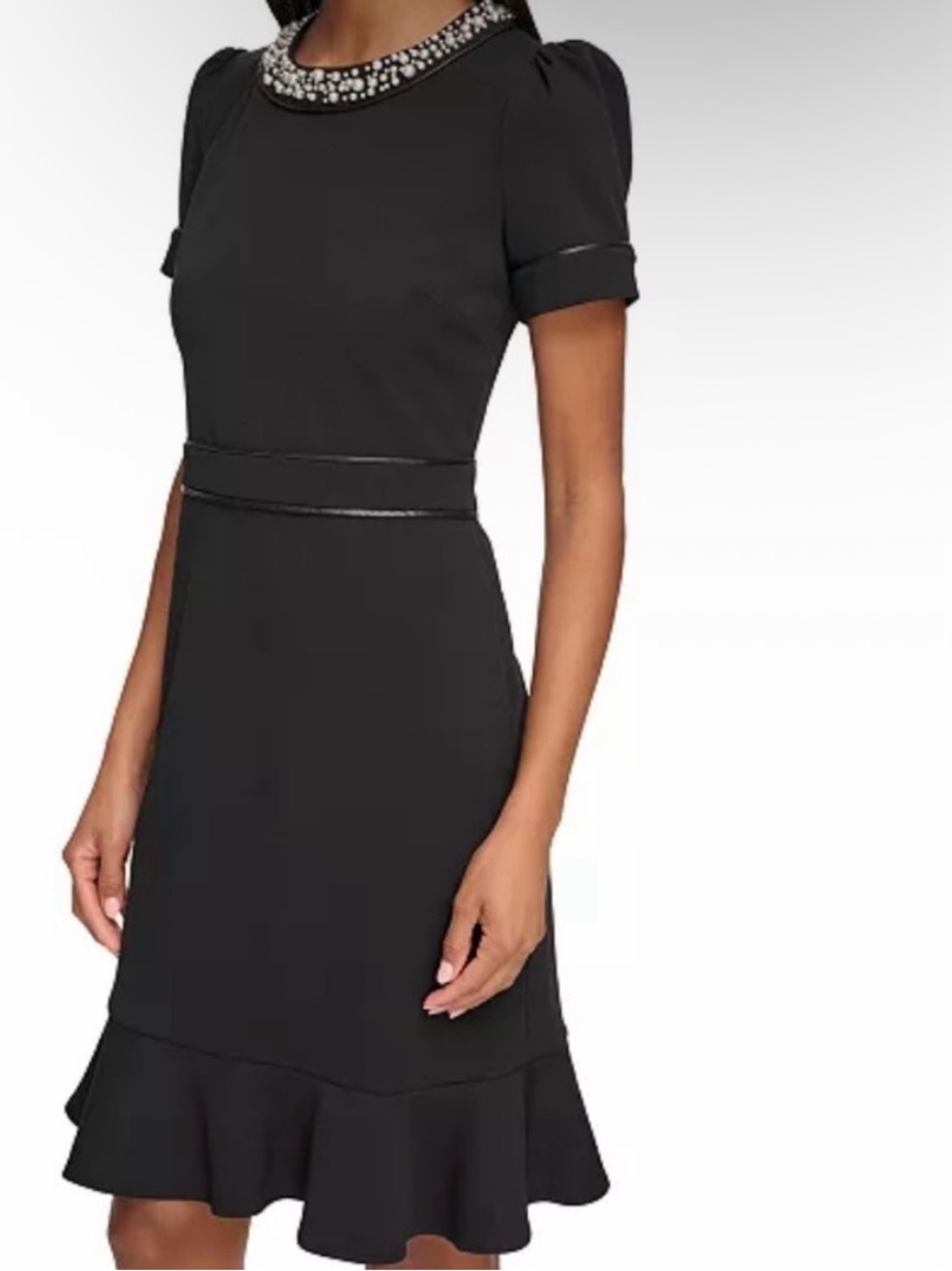 Karl Lagerfeld Women's Black Embellished Neck Short Sleeve Dress